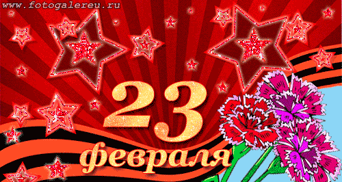 Гиф открытка на 23 февраля с сверкающими и мигающими красными звездами, с цветами, гвоздиками с надписью 23 февраля